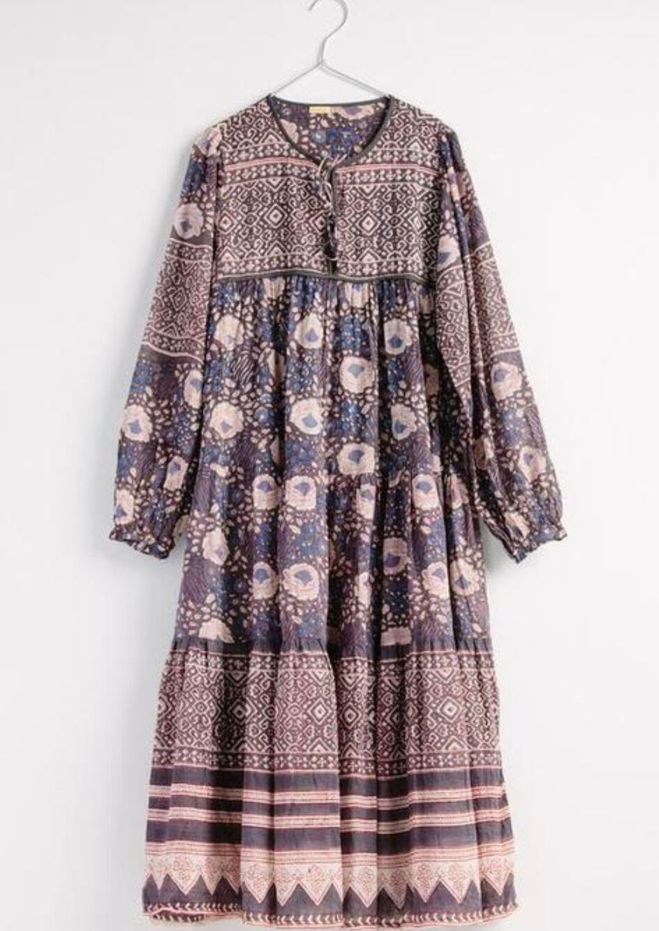 Matta NY Yamini Booj Dress XS Cotton Voile Block Print Boho Midi
